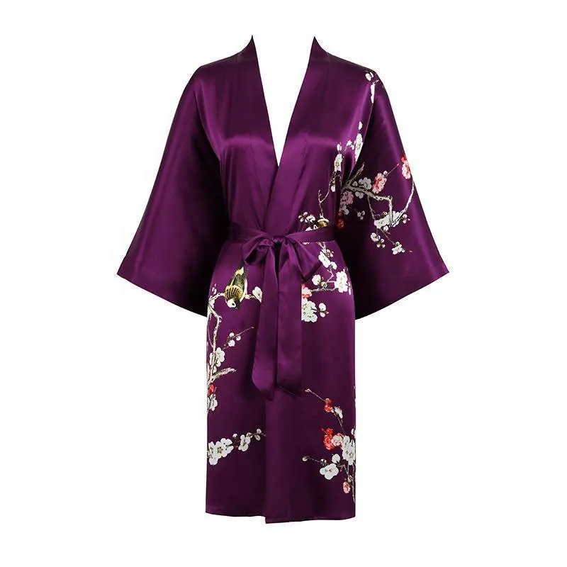 19 MM Pure Silk Kimono Robe Short Silk kimono Robe Cherry blossom Printed Silk Sleepwear