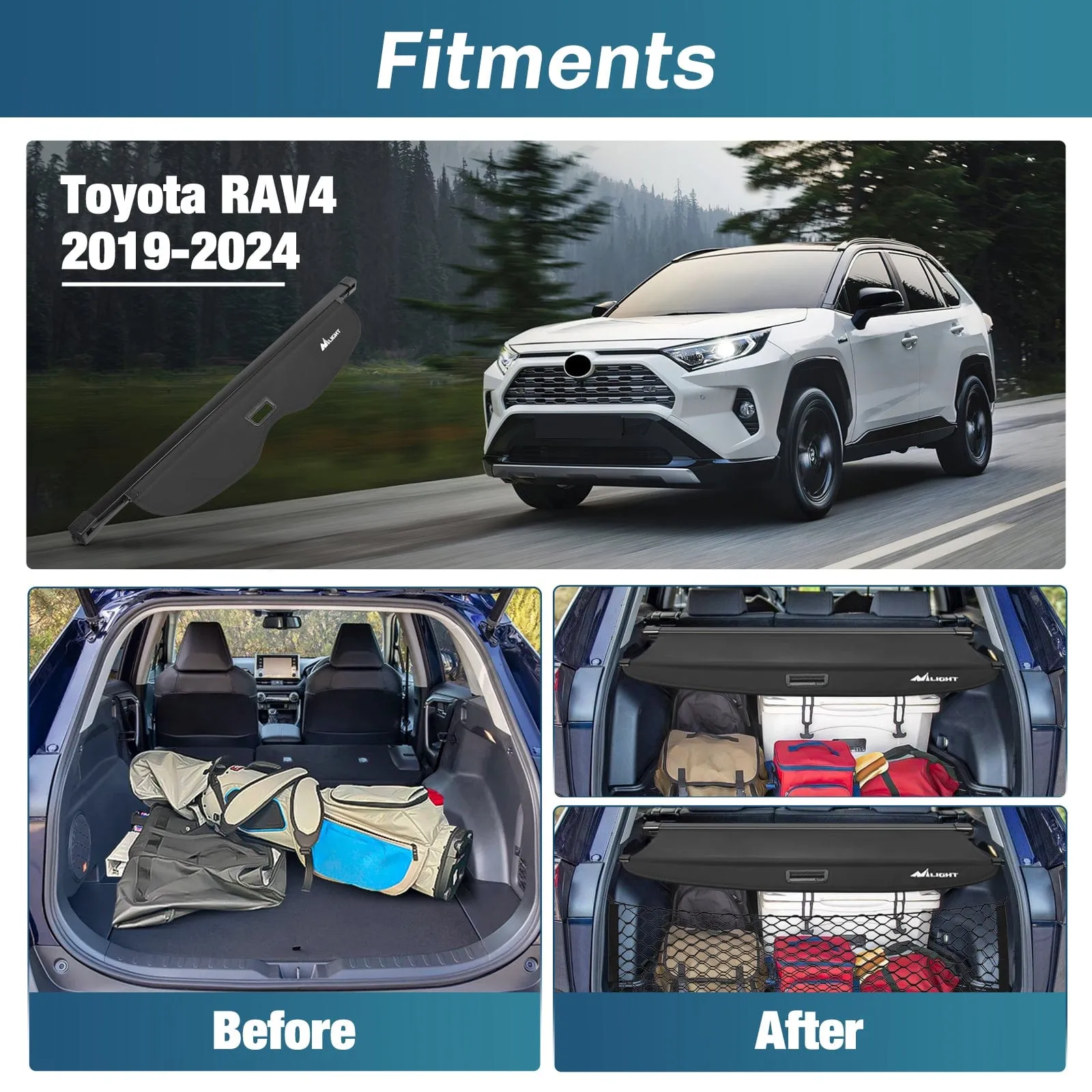 2019-2025 Toyota RAV4 Accessories Retractable Trunk Cargo Cover with Trunk Storage Net