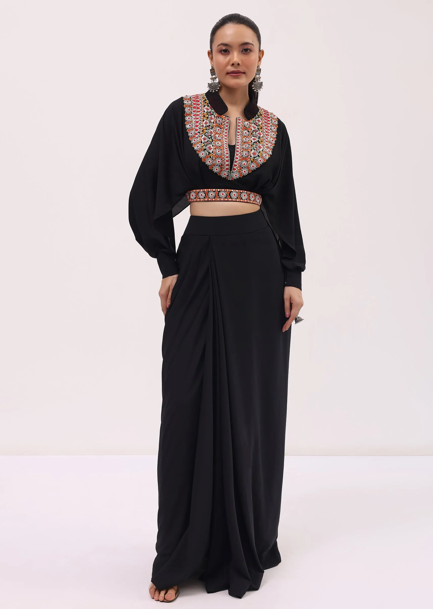 Black Crepe Crop Top And Skirt In Resham Work