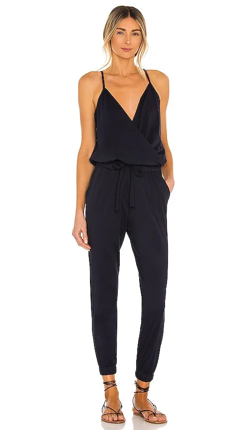Bobi Supreme Jersey Tied Waist V Neck Jumpsuit in Navy