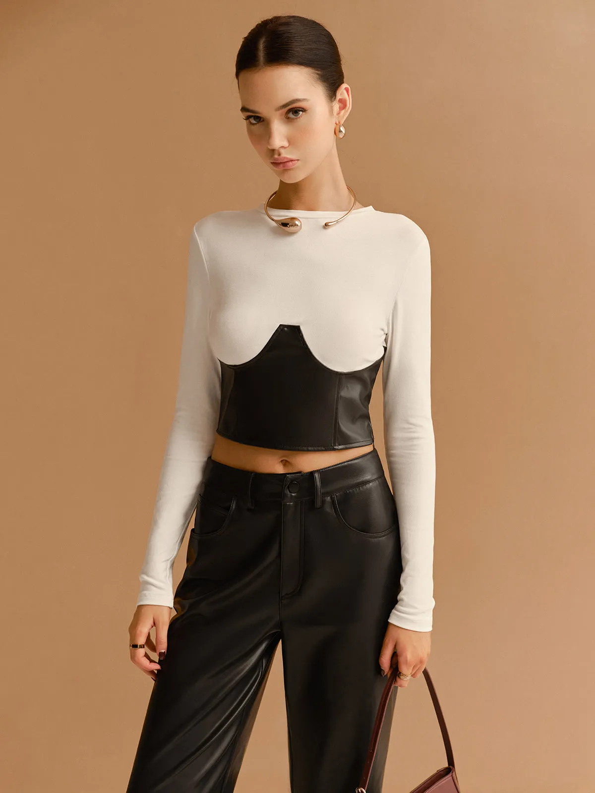 Color Block Faux Leather Crop Blouse