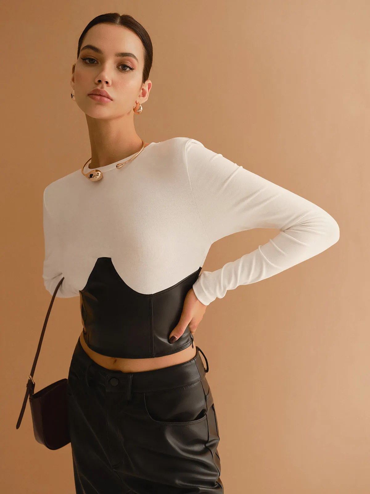 Color Block Faux Leather Crop Blouse