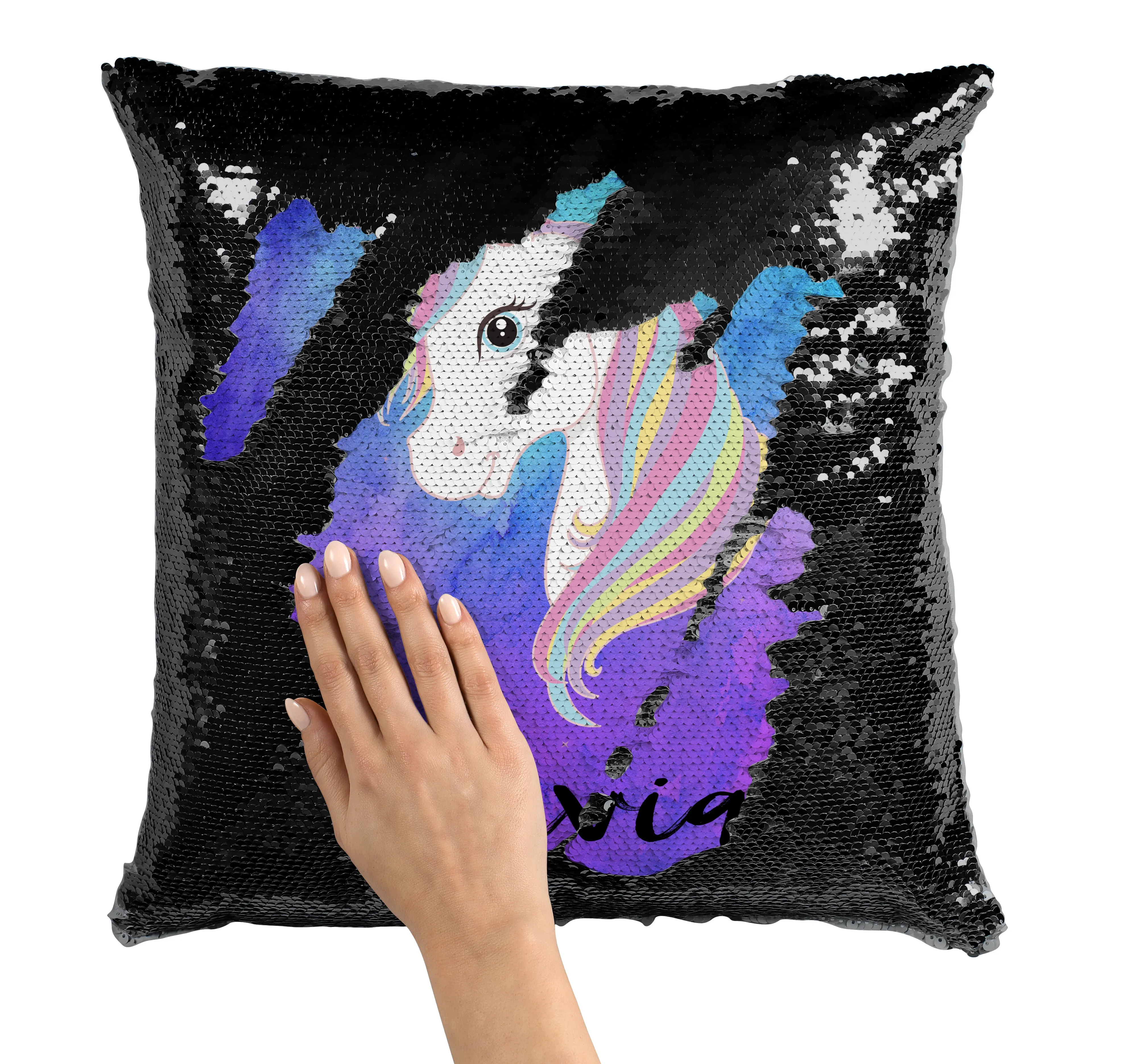 Custom Unicorn Sequin Mermaid Flip Pillow with Watercolors Background
