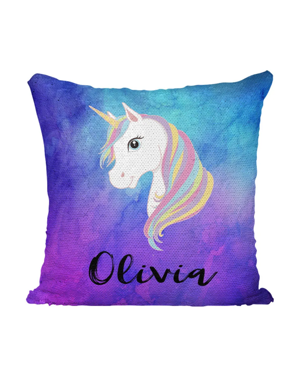 Custom Unicorn Sequin Mermaid Flip Pillow with Watercolors Background