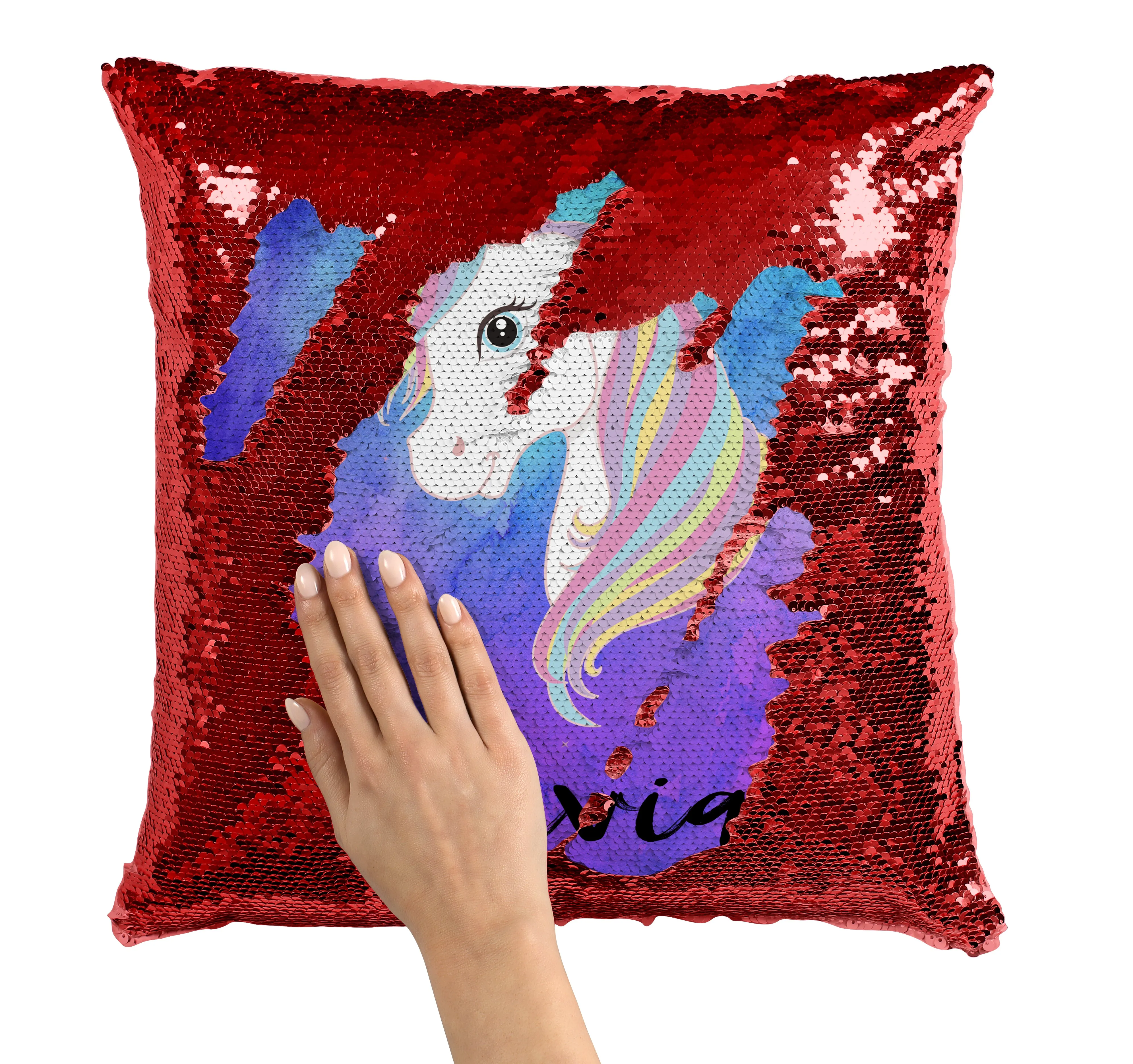 Custom Unicorn Sequin Mermaid Flip Pillow with Watercolors Background