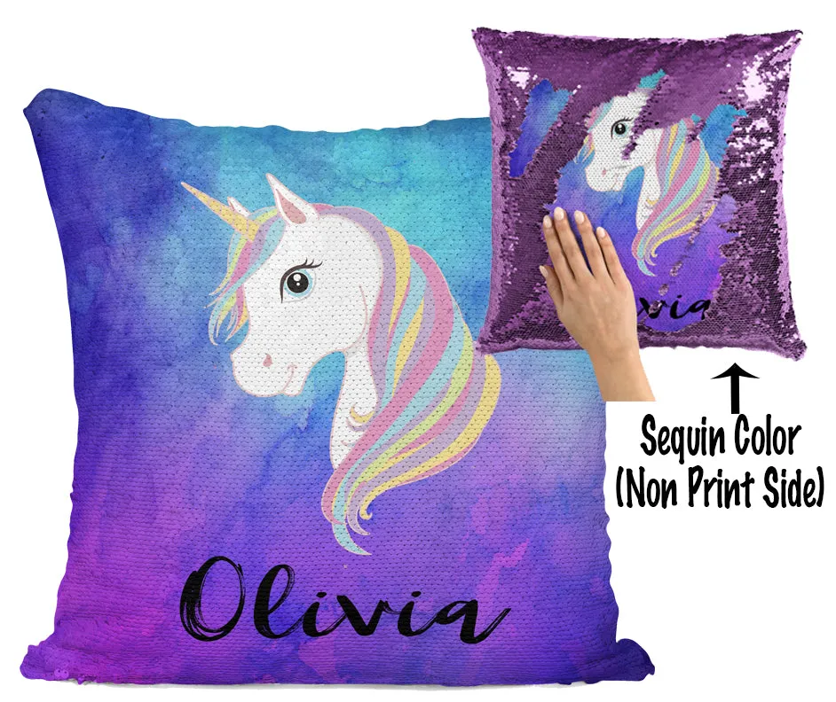 Custom Unicorn Sequin Mermaid Flip Pillow with Watercolors Background