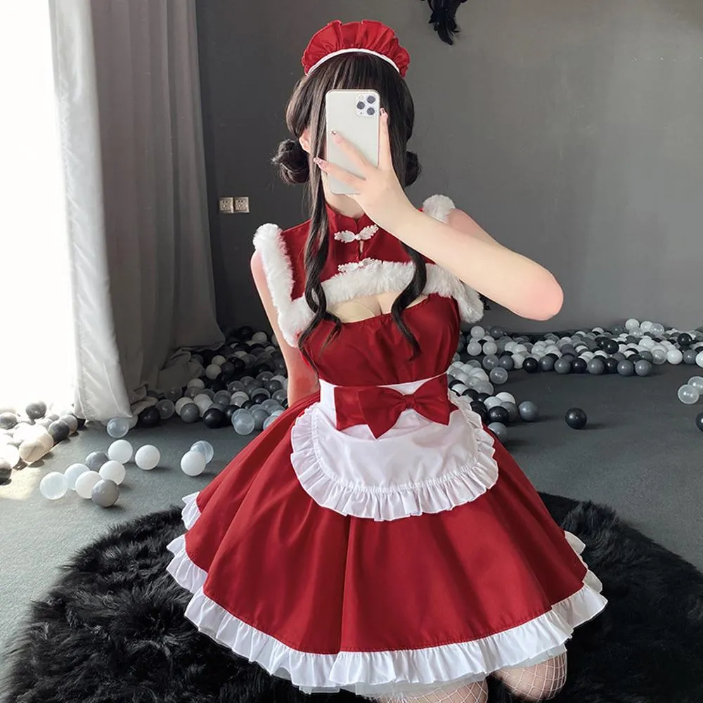 Cute Maid Outfit Naughty Elf Costume Red Sleeveless Lolita Dress