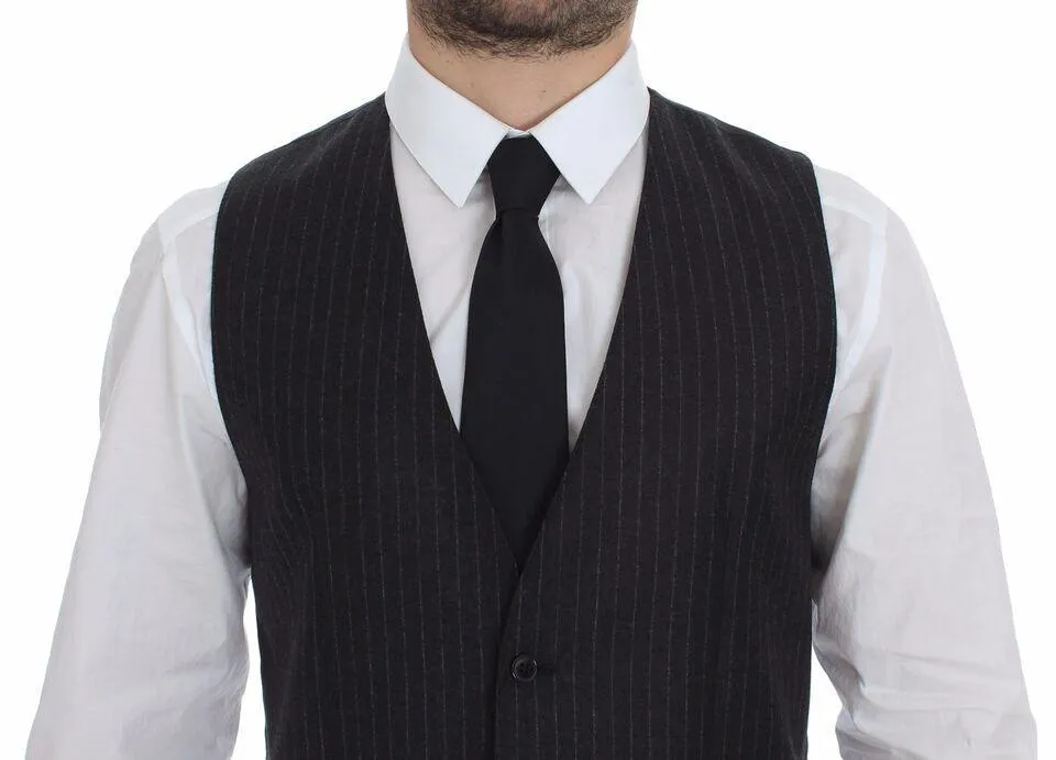 Dolce & Gabbana Gray Striped Wool Logo Vest Gilet