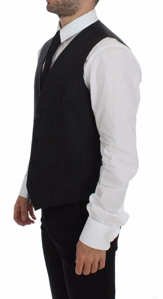 Dolce & Gabbana Gray Striped Wool Logo Vest Gilet