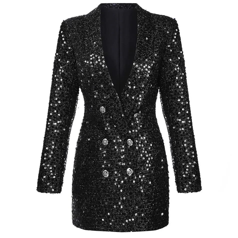 High Quality Double Lion Buttons Shawl Collar Glitter Sequined Long Runway Black Blazers
