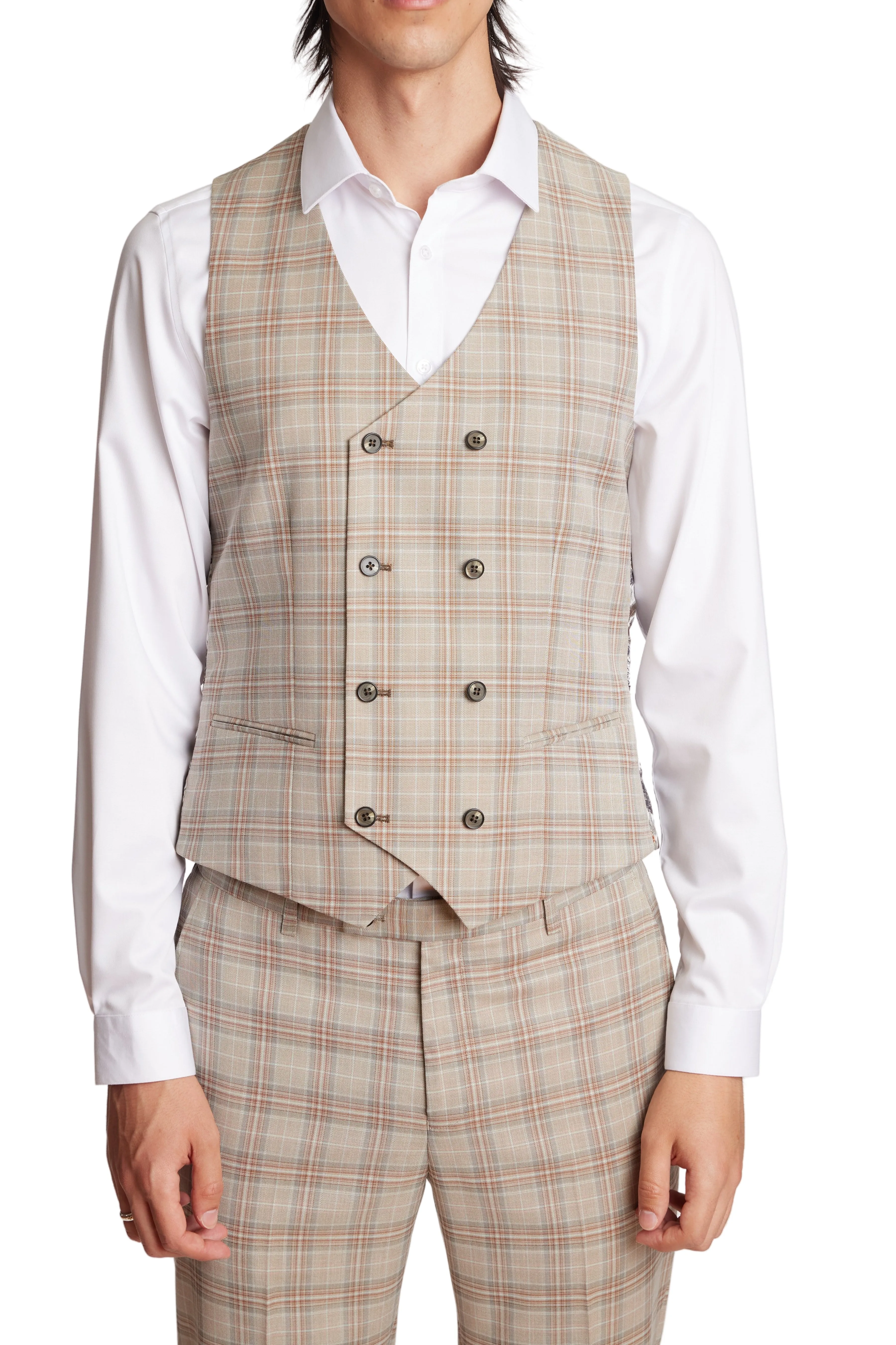 Marylebone DB Vest - slim - Lt Khaki Check