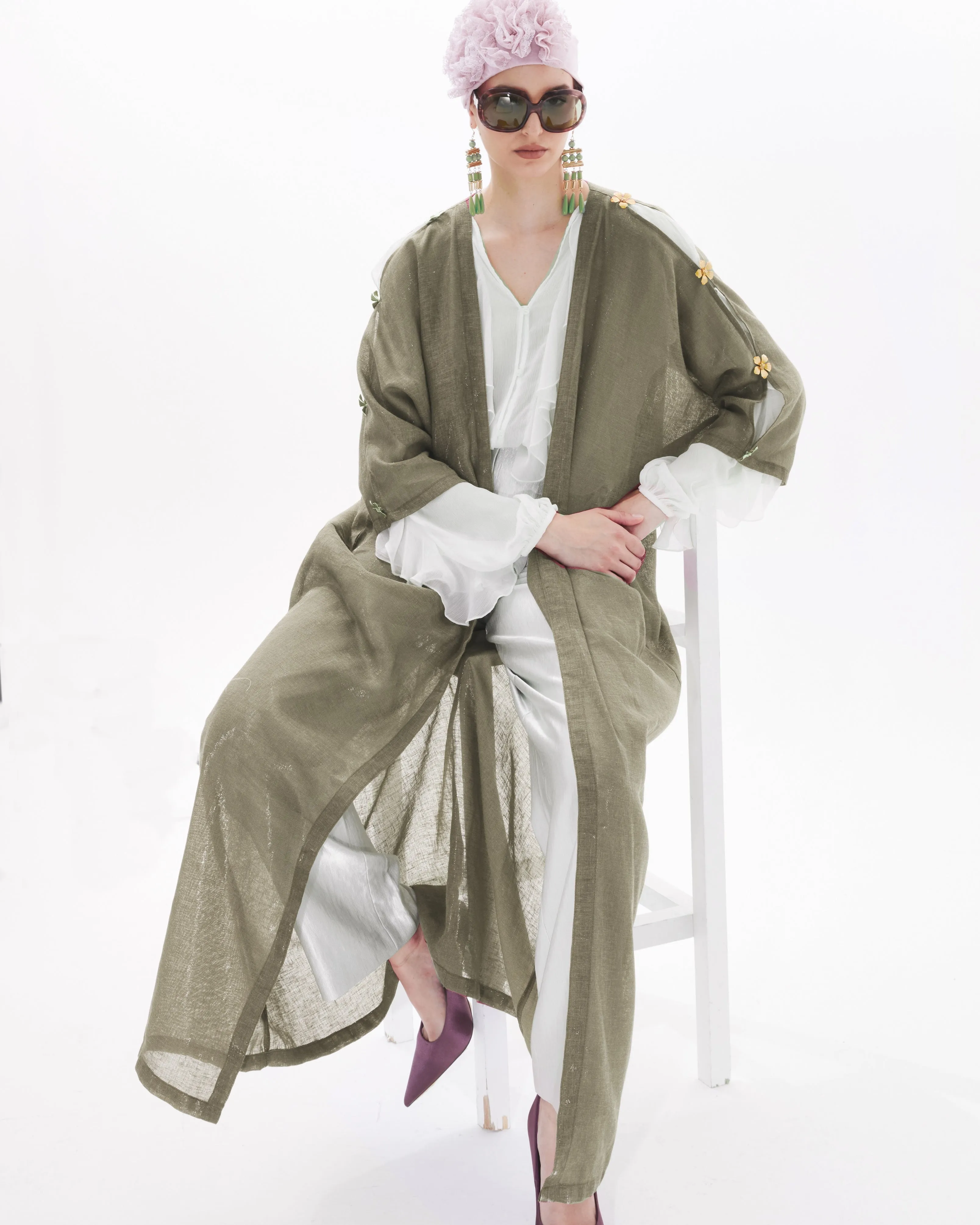 METAL DAISY ON KHAKI ABAYA