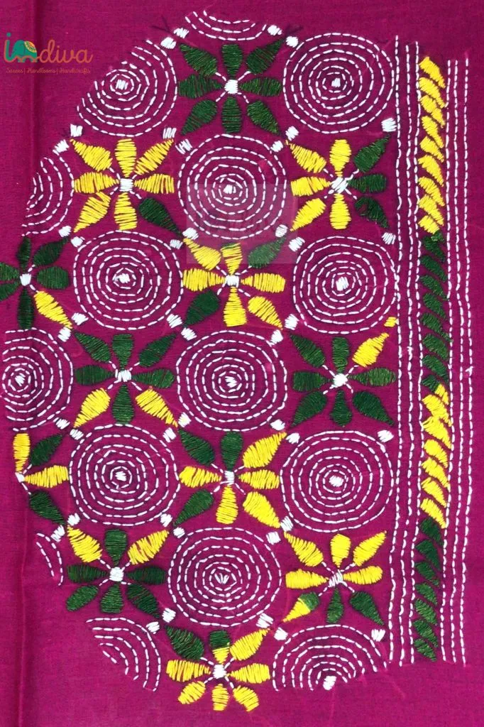 Pink Kantha Blouse Piece With Yellow, Green & White Motifs