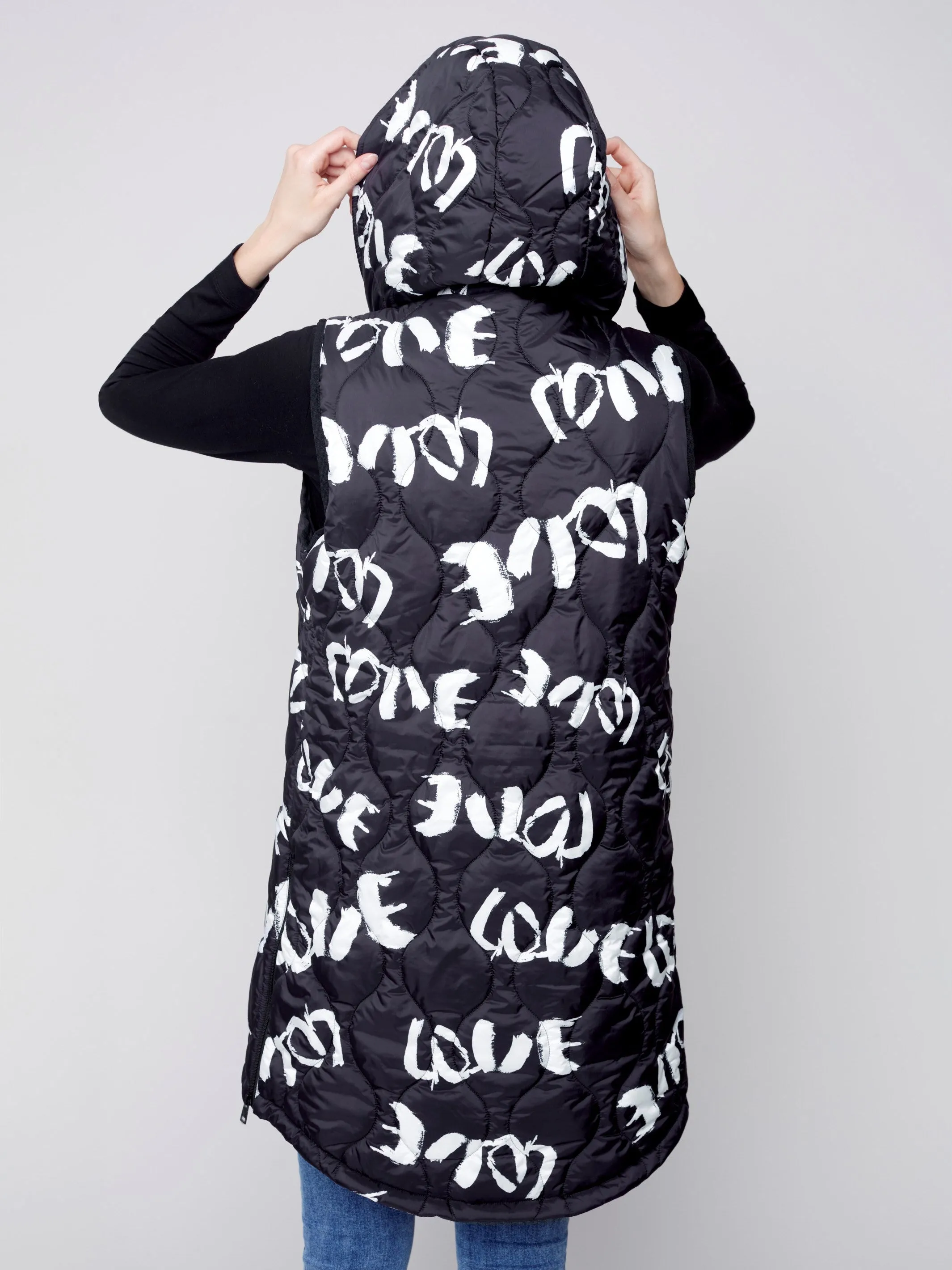 Printed Long Quilted Puffer Vest with Hood - Black & Cream