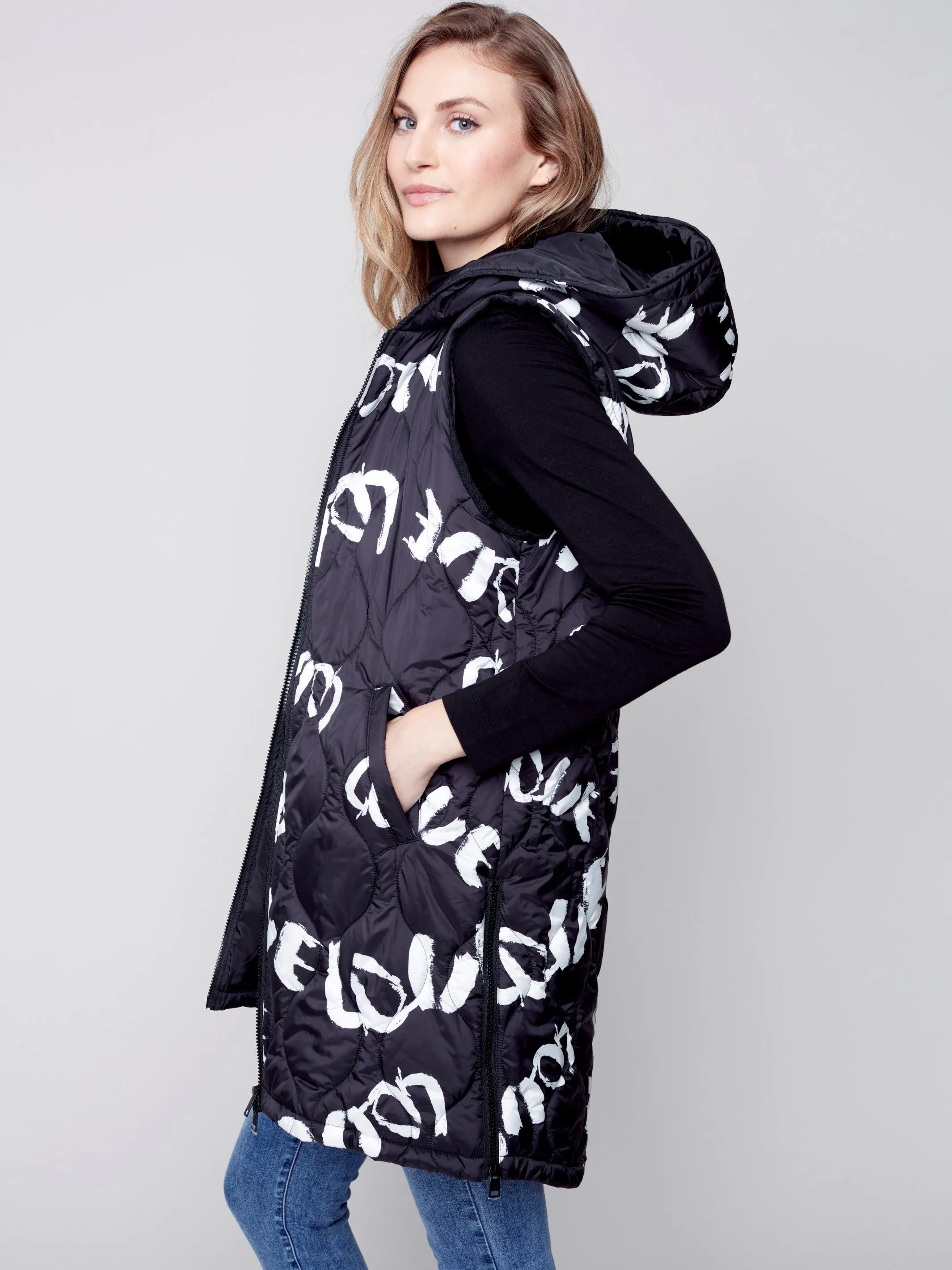 Printed Long Quilted Puffer Vest with Hood - Black & Cream