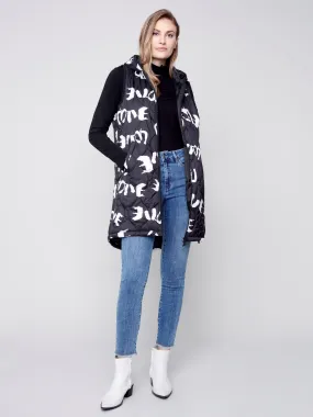 Printed Long Quilted Puffer Vest with Hood - Black & Cream