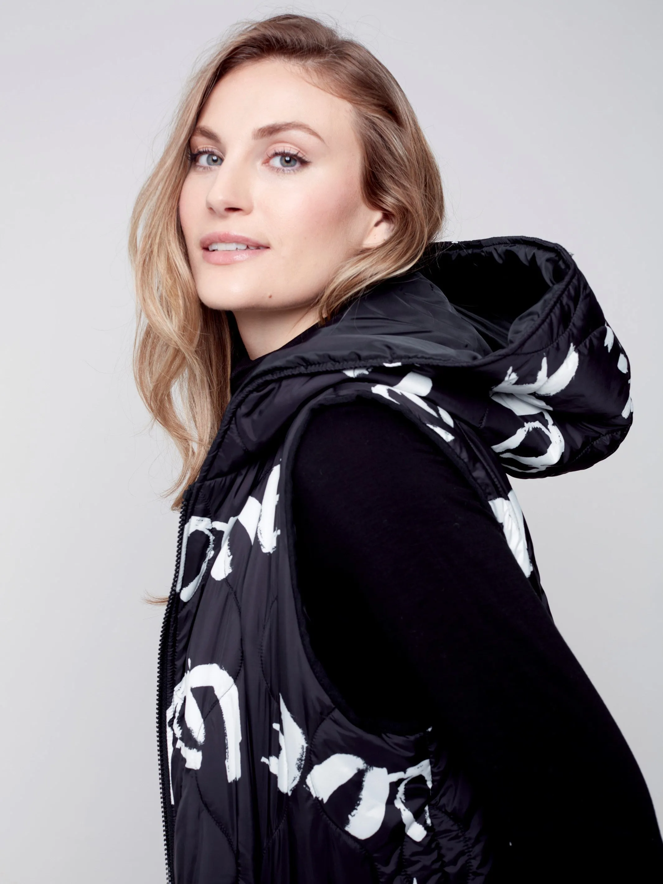 Printed Long Quilted Puffer Vest with Hood - Black & Cream