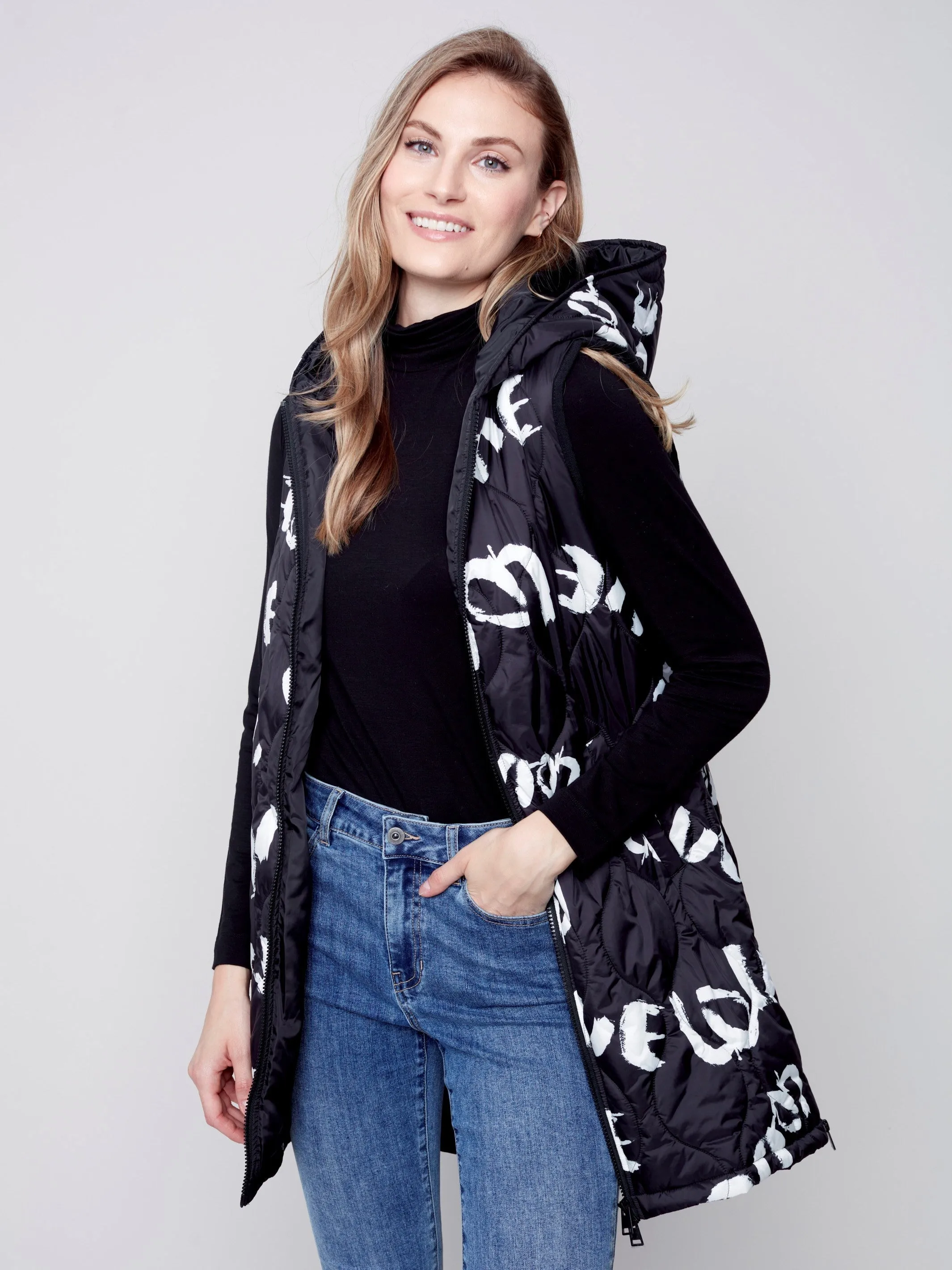Printed Long Quilted Puffer Vest with Hood - Black & Cream