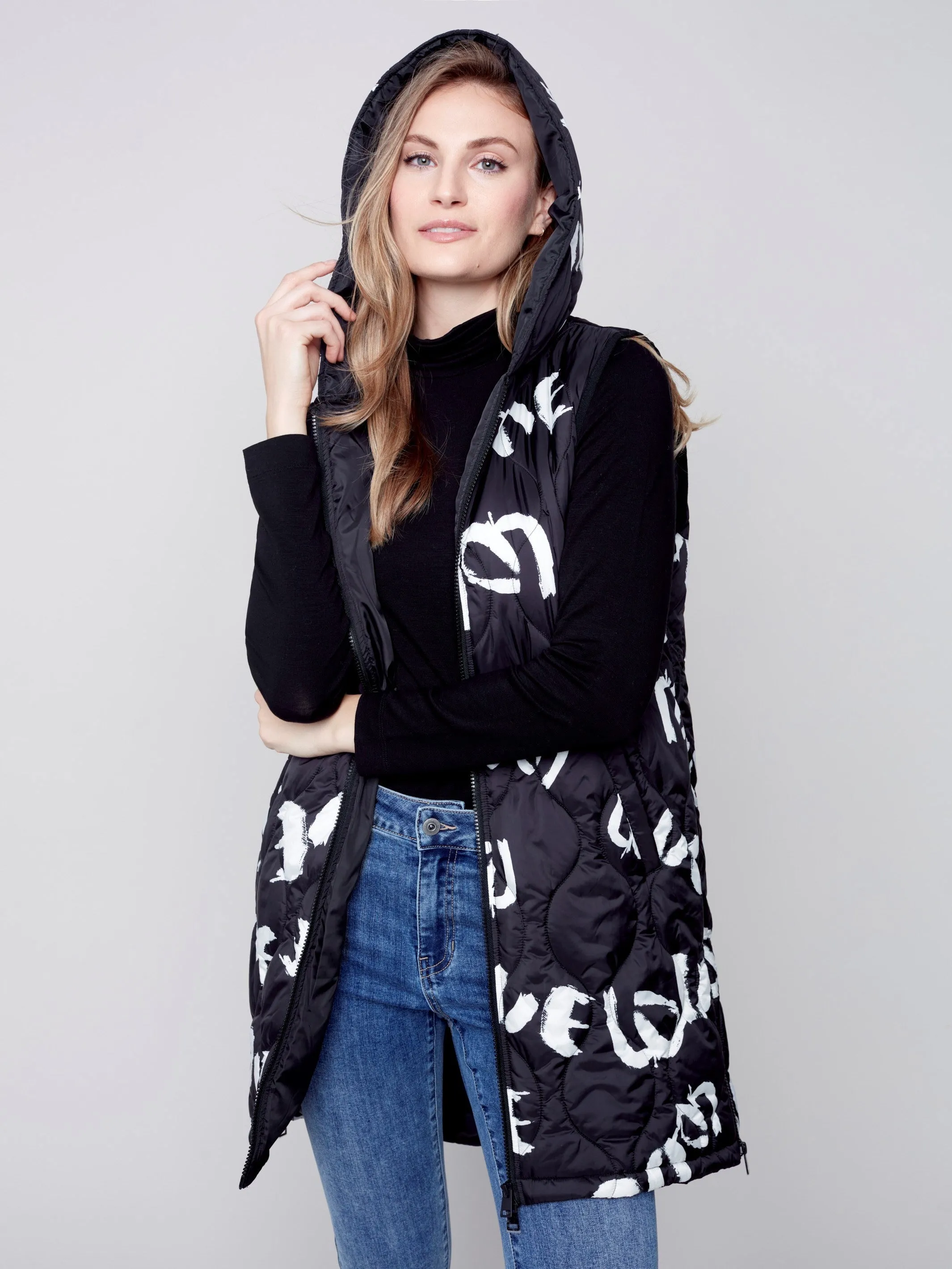 Printed Long Quilted Puffer Vest with Hood - Black & Cream