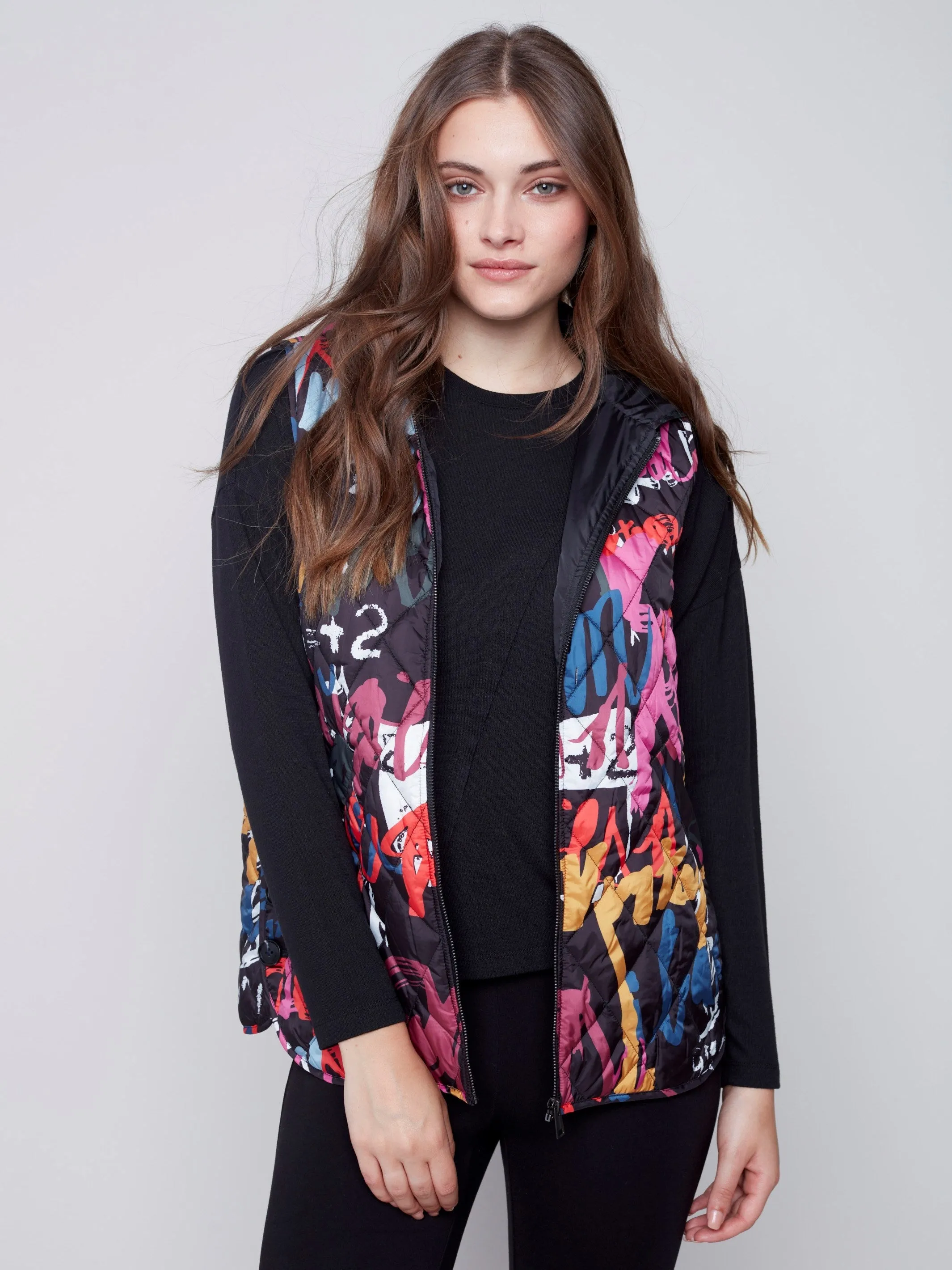Printed Quilted Puffer Vest with Hood - Graffiti