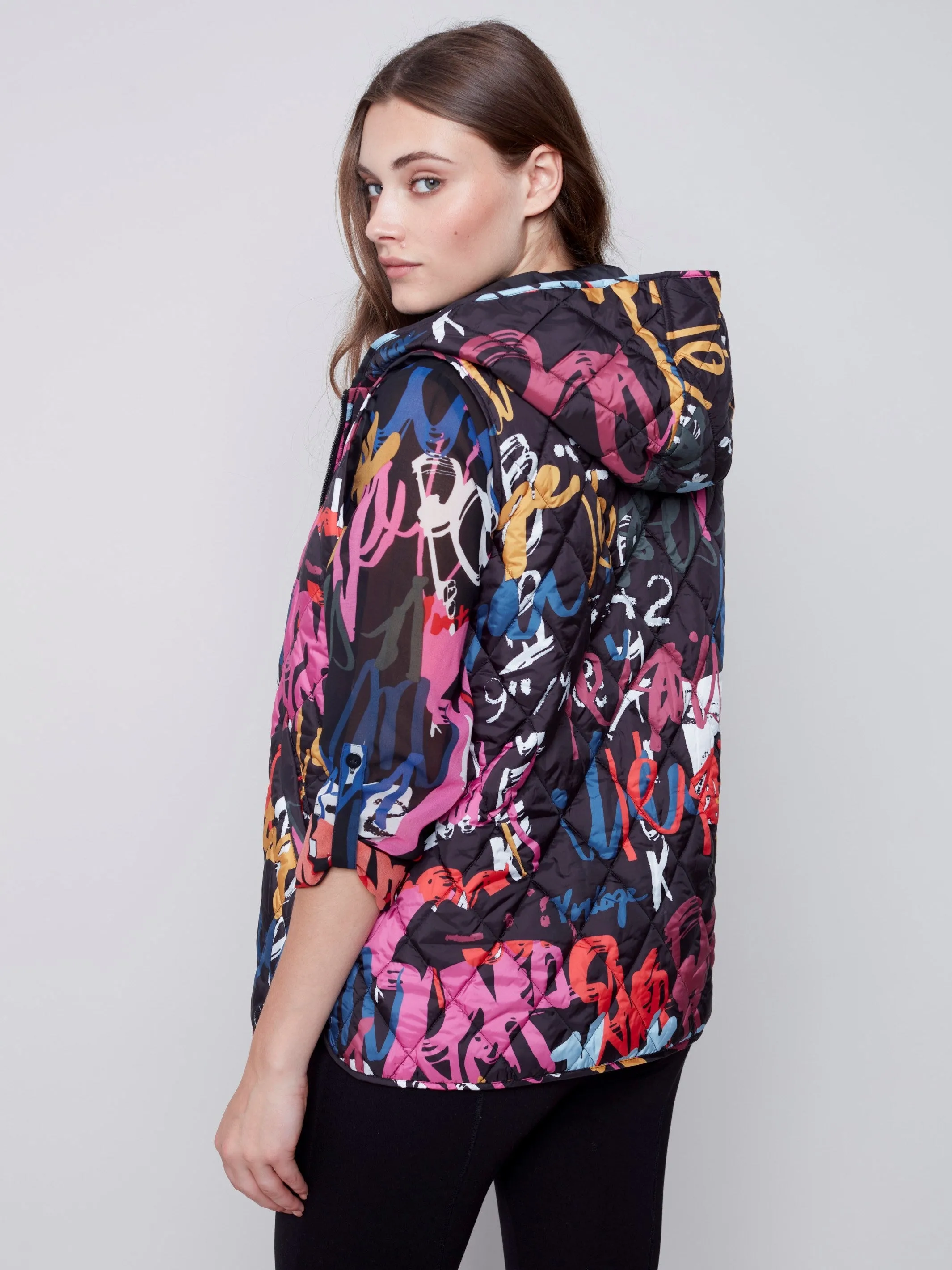 Printed Quilted Puffer Vest with Hood - Graffiti
