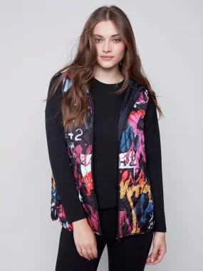Printed Quilted Puffer Vest with Hood - Graffiti