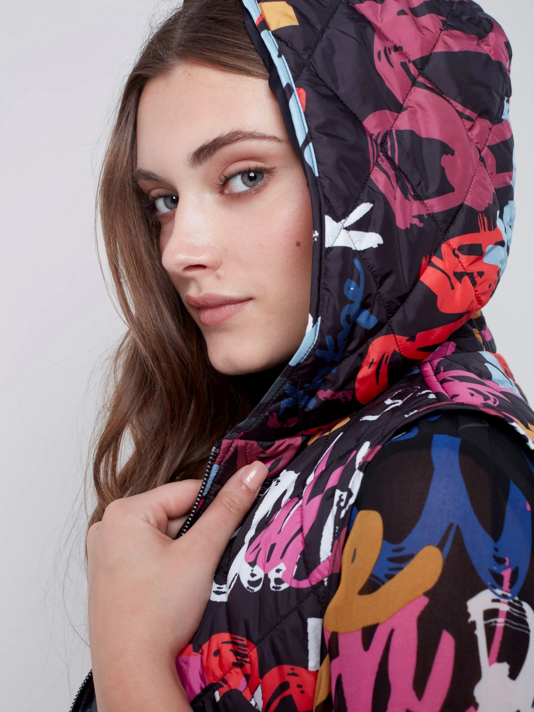 Printed Quilted Puffer Vest with Hood - Graffiti