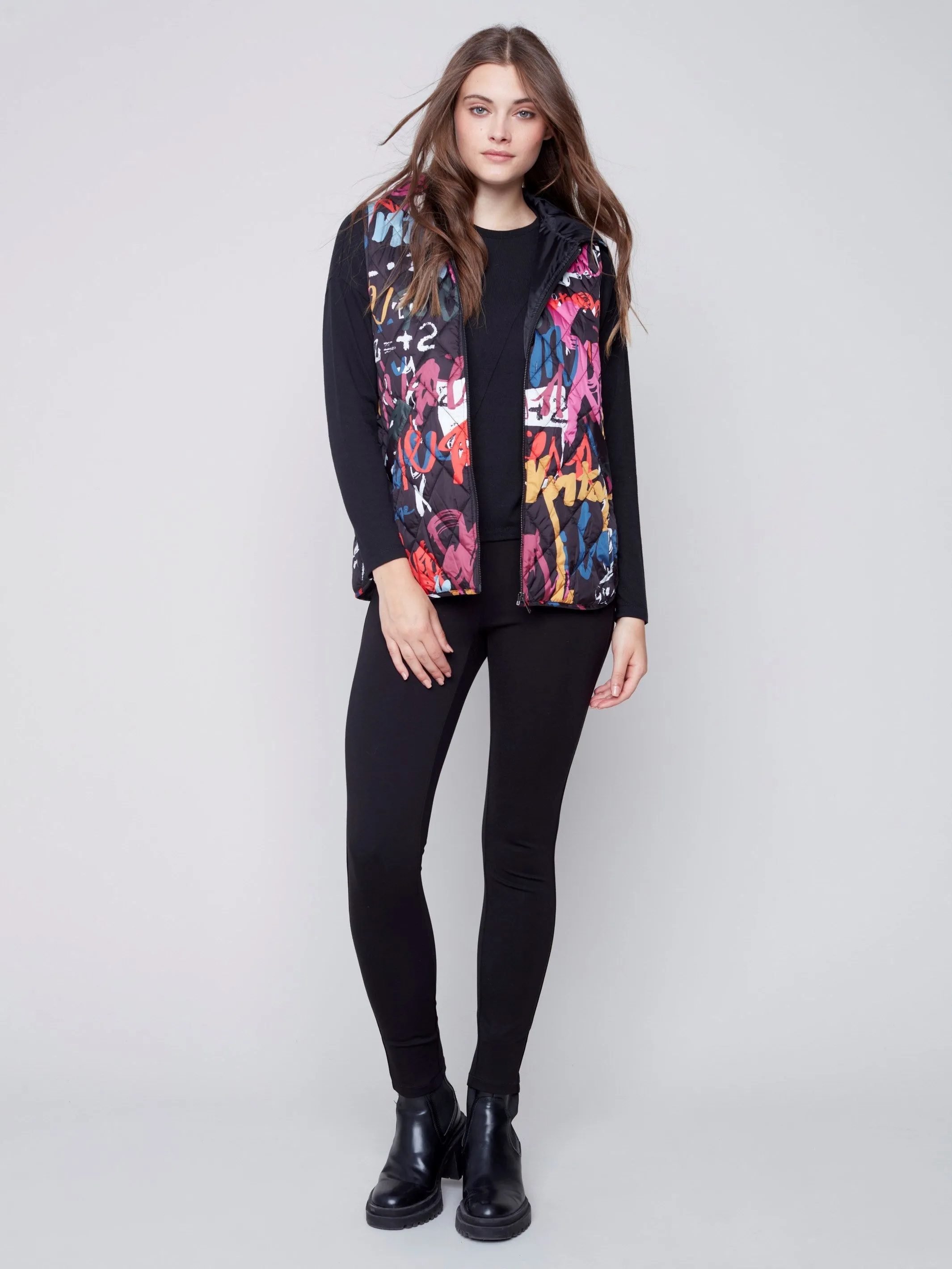 Printed Quilted Puffer Vest with Hood - Graffiti