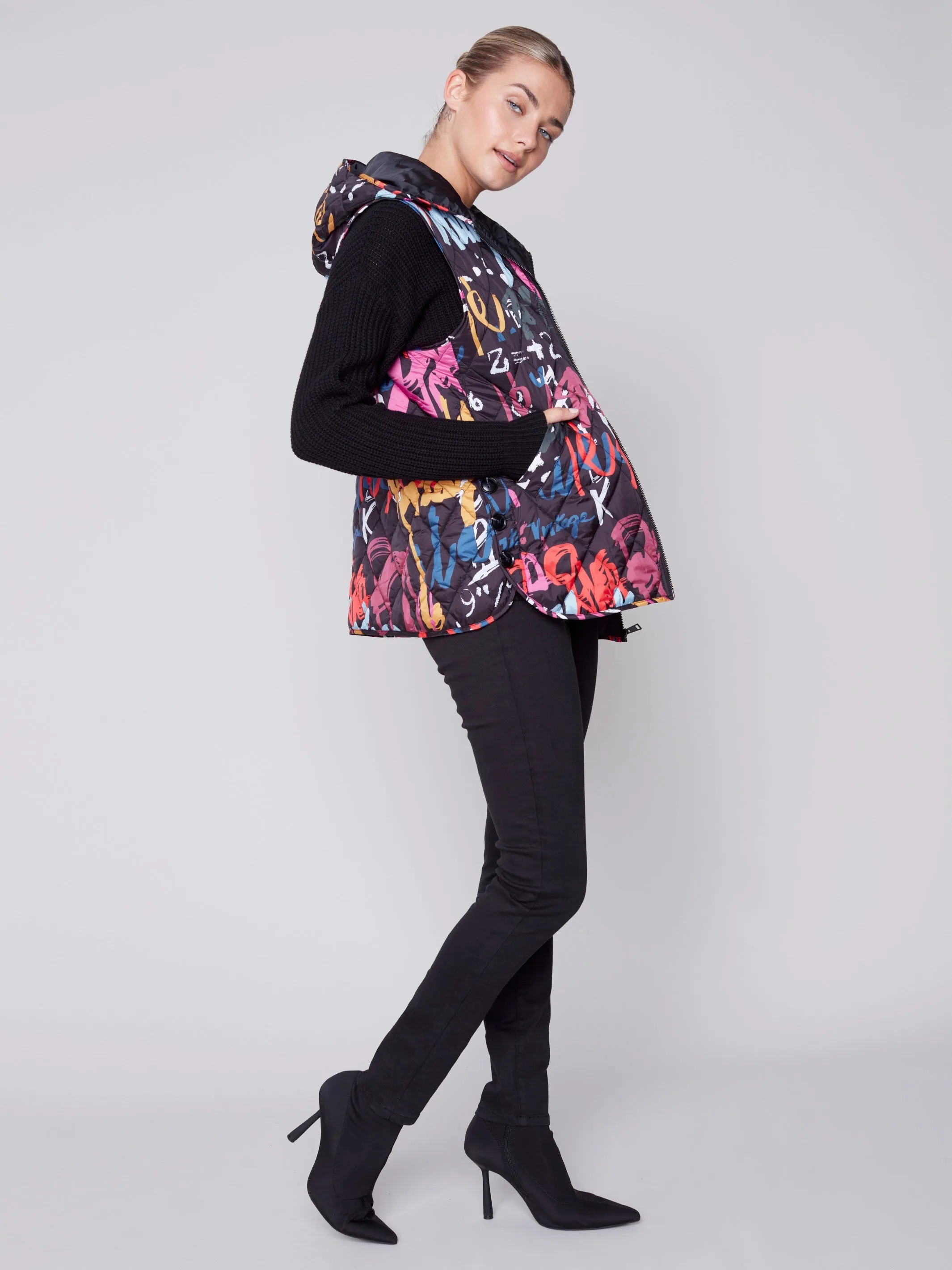 Printed Quilted Puffer Vest with Hood - Graffiti