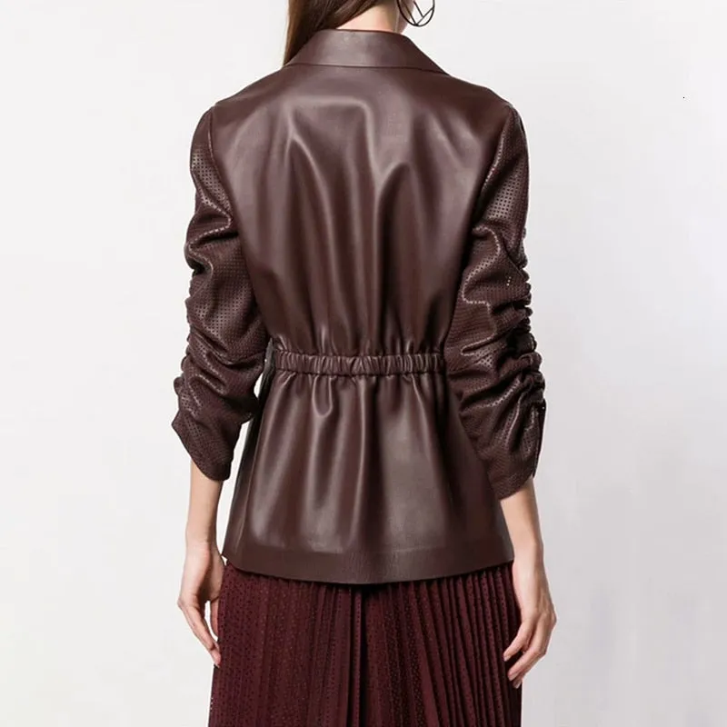 Ruched Puff Sleeve Notched Pocket Drawstring High Waist  Coat