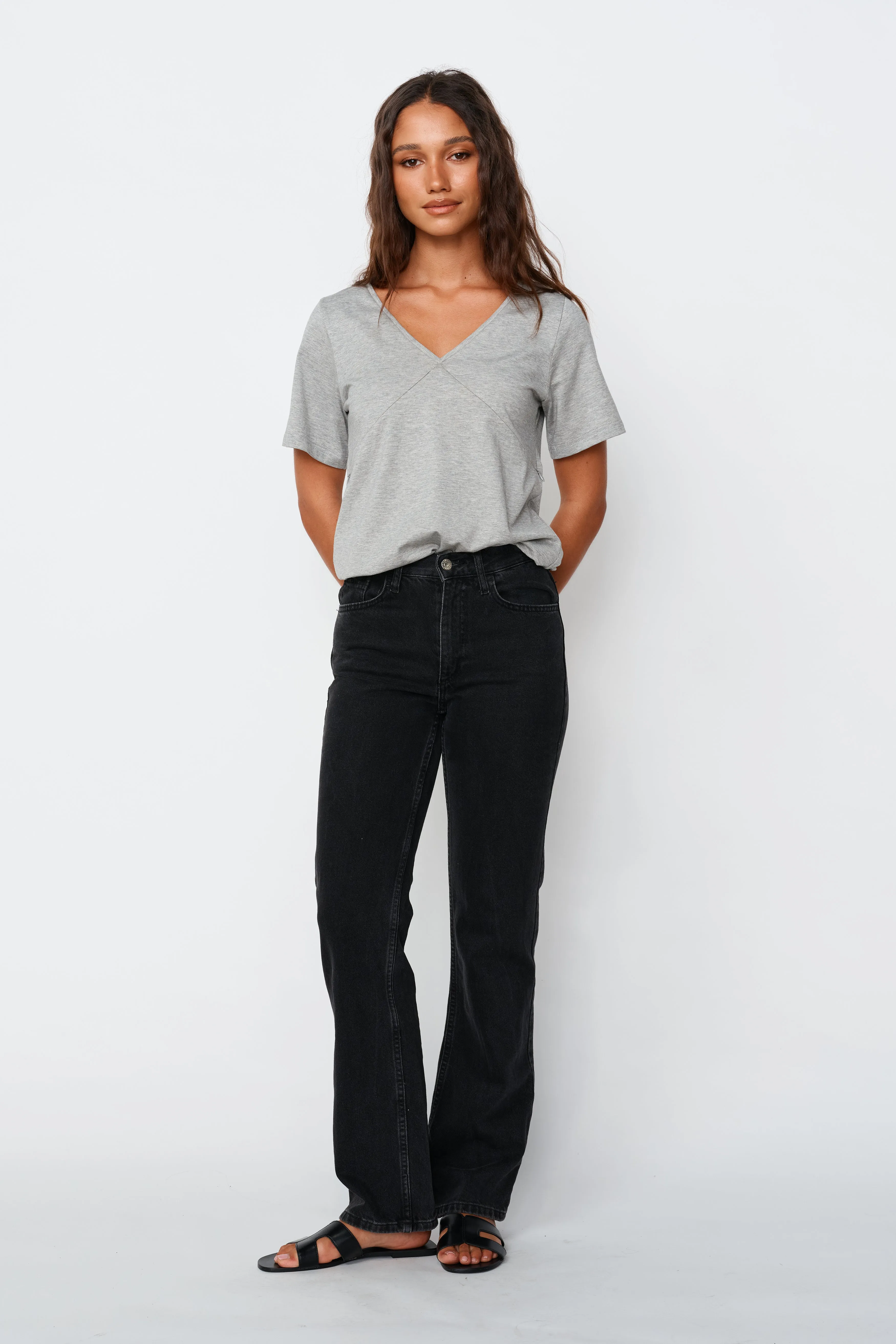 V-Neck Panel Tee - Grey Marle