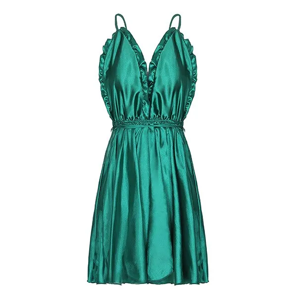 Women Sexy Nightwear Ruffles Nightgowns Cross Strap Back Open Nightdress Lingerie Nighties Faux Silk Deep V-Neck Dress Sleepwear